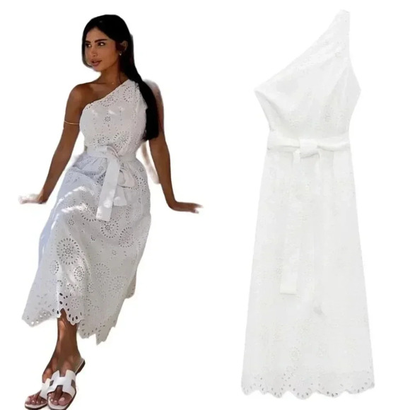 Zara Womens Bloggers Favorite Embroidered Asymmetrical Dress White Size Small - Picture 1 of 10